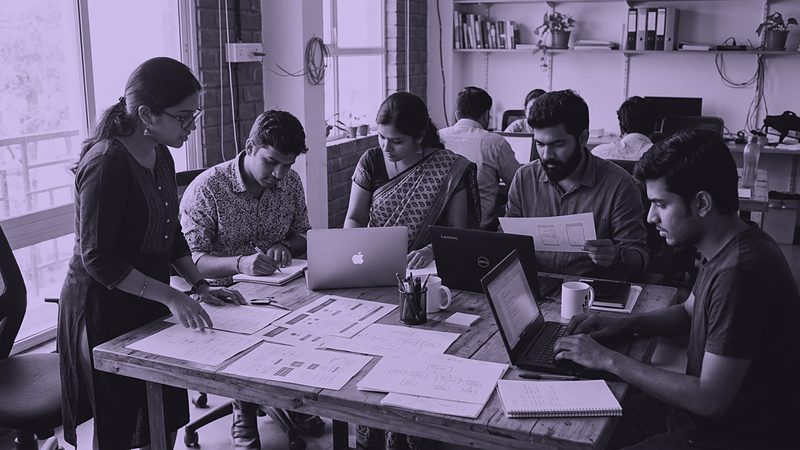 A team at work around a table with printed layouts