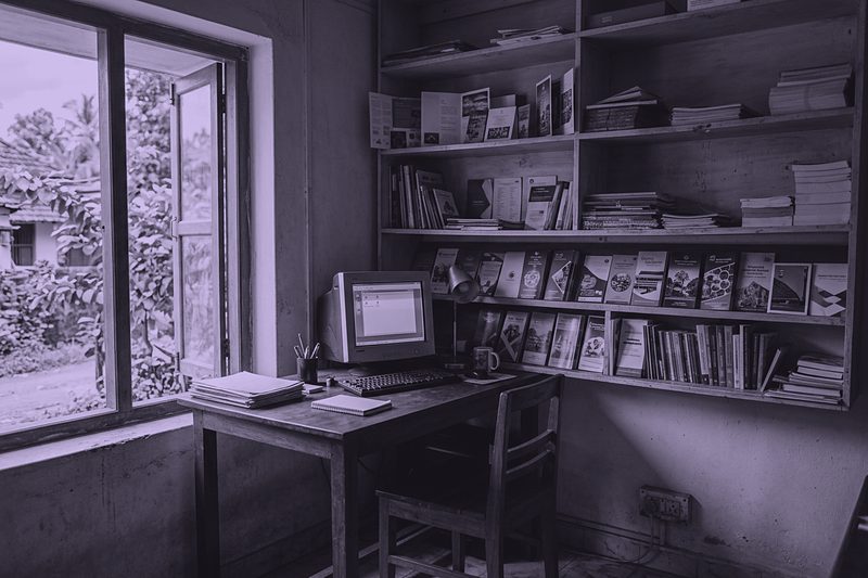 An office desk with printed samples